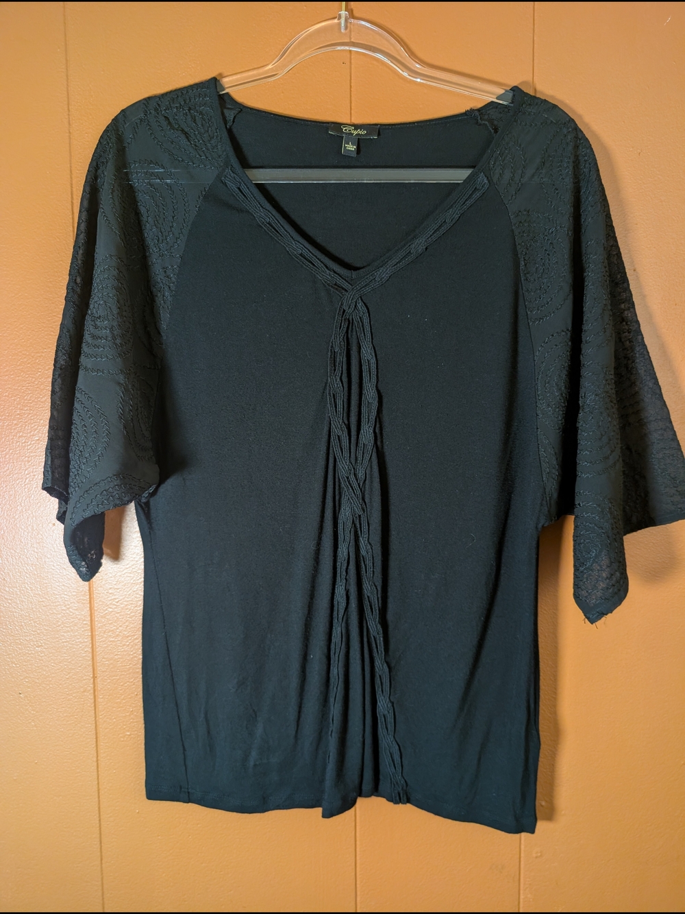 Cupio Black Vneck Embroidered Bell Sleeve Top Large Boho Gothic Witchy Y2K